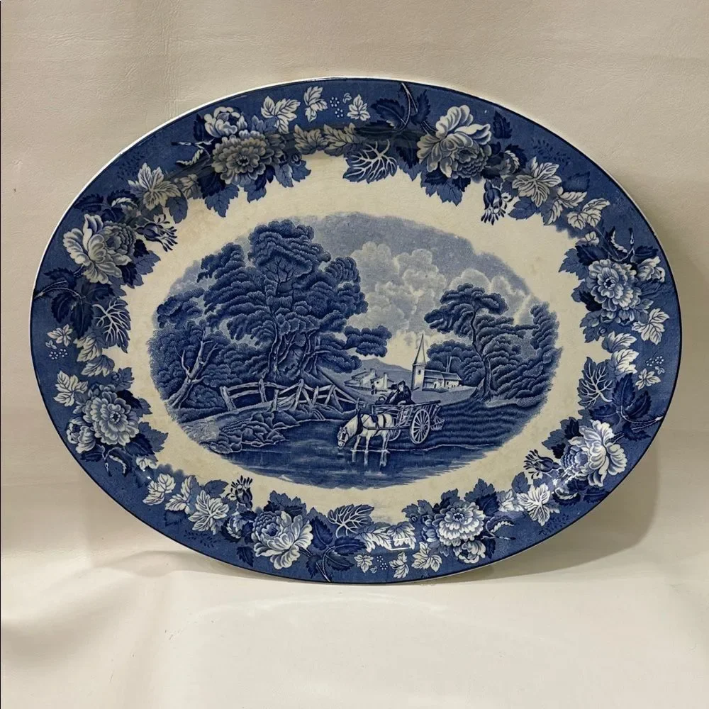 Woods Ware England Blue Scenic Transferware Vintage Floral Oval Serving Platter